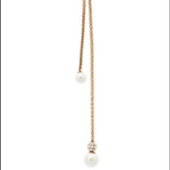 NWT Michael Kors Gold Lariat Crystal Double Faux Pearls Adjustable Necklace - Picture 1 of 6